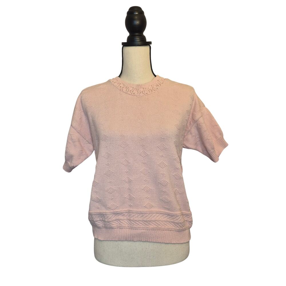Carriage Court Vintage 80s Pink Short Sleeve Knit Sweater Diamond Pattern Size M